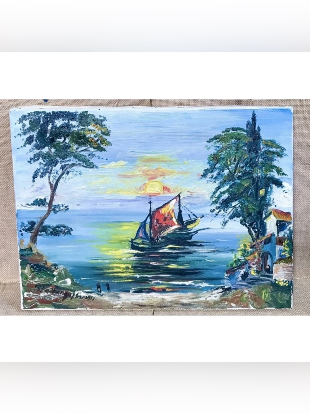 Vintage Sailboat Oil Painting Signed By Artist German Ocean Coastal Nautical